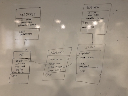 Whiteboard sketch of class diagram for Pet App