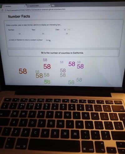 Photo of Numbers API app running on laptop screen