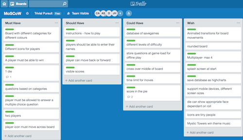 Screenshot of Trello MosCow board